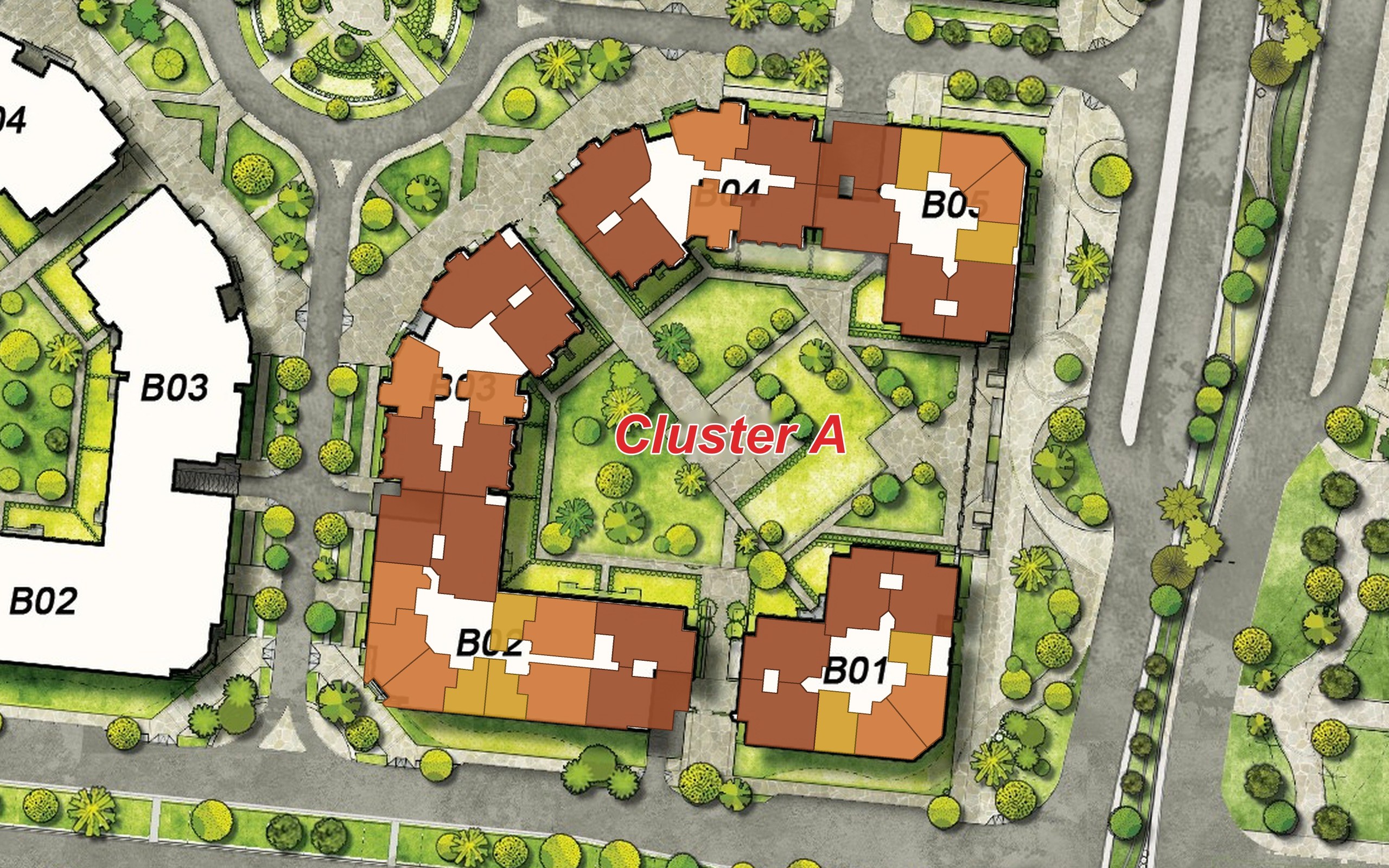 The master plan of Cluster A with every unit of the first floor drawn on it and coloured by bedrooms, from gold for one bedroom to brown for three.