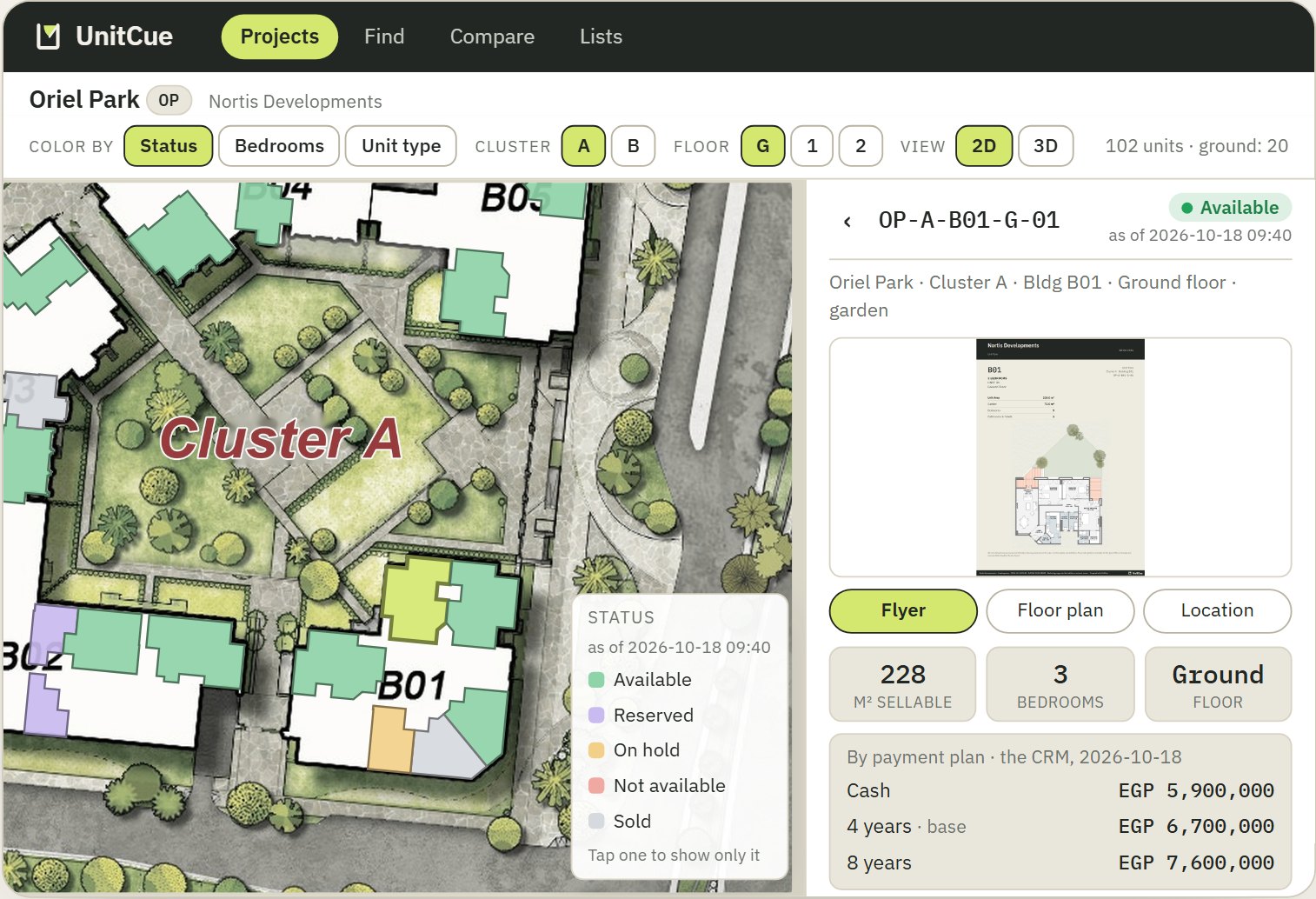 Unit OP-A-B01-G-01 open in its card beside the master plan, where it is drawn in lime: Available as of 2026-10-18 09:40, 228 m², 3 bedrooms, ground floor, and its three payment plans dated by the CRM.
